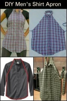 four different types of shirts and aprons with the words diy men's shirt apron