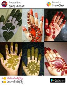 four different pictures of hand painted with green and red designs on their hands, one is holding