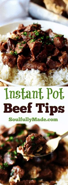 instant pot beef tips served over rice on a plate