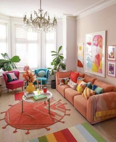 a living room filled with lots of colorful furniture