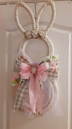 Diy Easter bunny wreath Easter Bunny Diy Crafts, Dollar Tree Easter Crafts Bunnies, Macrame Easter Decoration, Easter Macrame Ideas, Dollar Tree Easter Wreath, Easter Macrame, Easter Bunny Wreath Diy, Macrame Easter