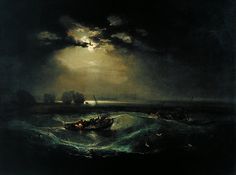 a painting of a boat in rough seas under a full moonlit sky with dark clouds