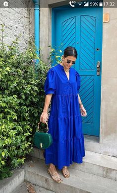 Feminine Modest Outfits Summer, Long Cotton Dresses Summer Casual, Blue Cotton Maxi Dress, Blue Long Dress, Nail Glam, Simple Frocks, Mode Zara, Long Blue Dress, Salwar Kamiz