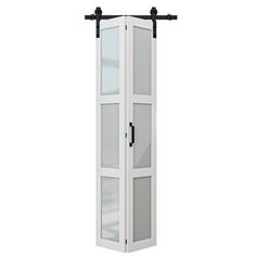 a tall white cabinet with glass doors on the front and back sides, against a white background