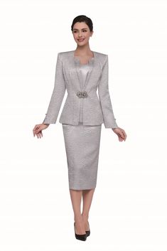 Serafina 4335 silver skirt suit Elegant Stretch Suits, Elegant Evening Sets With Stretch, Elegant Stretch Sets For Evening, Elegant Long Sleeve Stretch Suits, Elegant Stretch Party Set, Elegant Stretch Sets For Party, Spring Formal Fitted Sets, Spring Formal Stretch Sets, Elegant Evening Sets For Fall