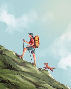 a painting of a man hiking up a hill with two dogs