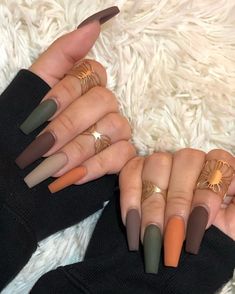 Autumn Nails Different Colors, Simple Long Nails Coffin, Fall Color Gel Nail Designs, Fall Nail Designs Fall Nail Designs Autumn Burgundy, Fall Nails Colors Matte Autumn, Autumn Color Nails Acrylic, Autumnal Nails Acrylic, Acrylic Nail Fall Colors, Witchy Nails For Fall