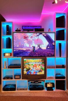 an entertainment center with video games on it