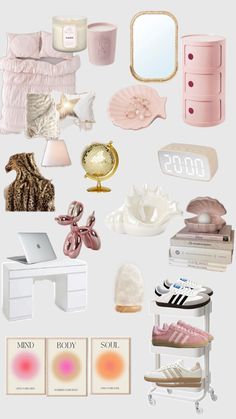 a collage of pink and white items