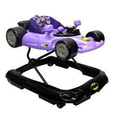 a purple baby car with batman symbols on it