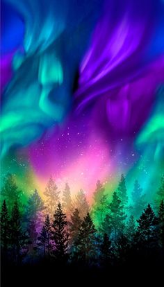 an aurora bore is shown in the night sky with trees and stars around it,