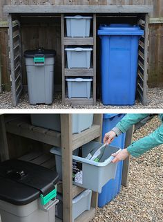 two pictures side by side one with trash cans and the other with bins