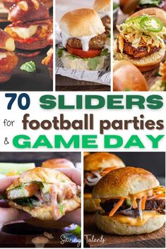 the top ten sliders for football parties and game day are shown in this collage