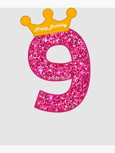 the letter e is made up of pink glitter and has a gold crown on top