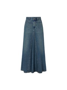 MO&Co. Women's Paneled Denim Midi Skirt This denim skirt is made of comfortable pure cotton material. Its high-waisted A-line silhouette and classic 5-pocket design accentuate your curves. The paneled construction creates a flared trumpet shape, adding a touch of retro chic. Features : - High waist A-line silhouette- Classic five-pocket design- Breathable cotton materails Code: MBD1SKT031The back length of size S is 94cmMATERIALS & CARE Material: 100% CottonDenim products have slight fading, whi Skirt Accessories, Long Midi Skirt, A Line Denim Skirt, Blue Jean Skirt, Skirt Jeans, Denim Skirt Outfits, Trumpet Skirt, Fashion Drawing Dresses, Denim Skirt Women