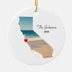 a white ornament with the state of california on it