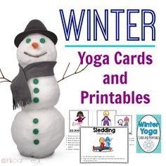 a snowman with yoga cards and printables