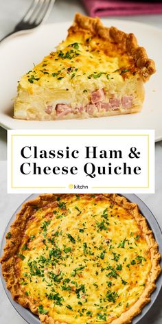 the classic ham and cheese quiche is ready to be eaten on the table for dinner