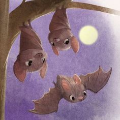 three bats are hanging upside down on a tree branch with the moon in the background