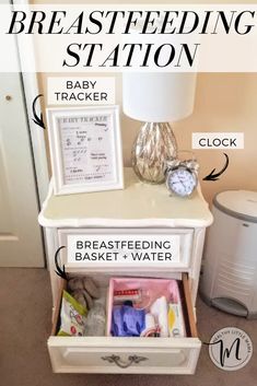 a white dresser with drawers and instructions for breastfeeding station on the bottom shelf