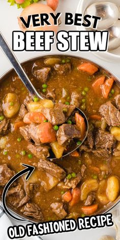 a bowl of beef stew is shown with the words very best beef stew