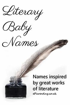 a feather quill sitting on top of a ink bottle with the words, library baby names