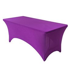 a purple table cloth is on top of a white table and it's long