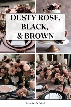 a collage of photos with flowers and black and brown plates on top of each other