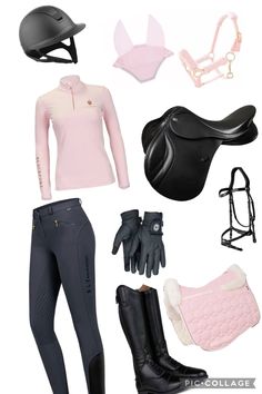 horse riding gear including boots, saddles, and gloves are shown in this image