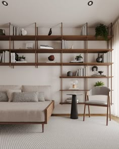 a living room filled with furniture and bookshelves