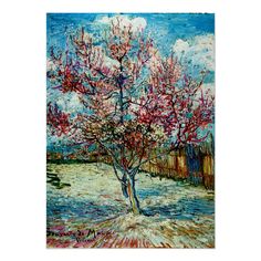 a painting of a tree in the snow with red flowers on it's branches