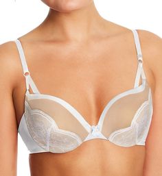 You'll love the look this cute push-up bra gives you! Designed with Wonderbra for a natural lift. Made of nylon and spandex. Contour, underwire cup has crescent-shaped, medium graduated push-up padding to give your bust youthful lift. Darted lace cup overlay on contrast microfiber gives a more contemporary feel. Plunge neckline shows off cleavage and works well with low-cut fashions. Bandless front is less bulky for short-waisted women. Center - triangle panel with velvet bow. Sides and back are Fitted Push-up Nursing Bra Partially Lined, White Fitted Nylon Bra, Fitted White Nylon Bra, White Nylon Bra, Padded Underwire Nylon Bra, Nylon Full Cup Bra With Removable Pads, White Full Coverage Nursing Bra With Padded Cups, White Nylon Underwire Bra, White Underwire Nylon Bra