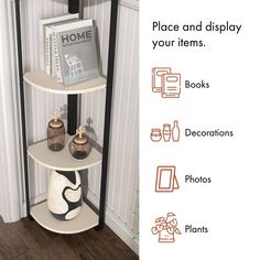 three tiered shelf with books, vases and pictures on it's sides