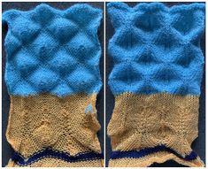 two pictures of blue and yellow knitted mitts with holes in the middle, one showing