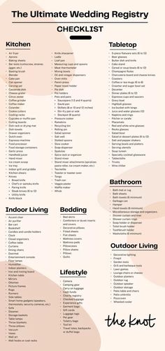 the ultimate wedding registry checklist is shown in black and white, with an orange background