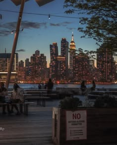 people are sitting on benches overlooking the city skyline