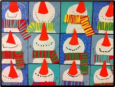 a collage of snowmen with red hats and scarfs on their heads, all made out of construction paper