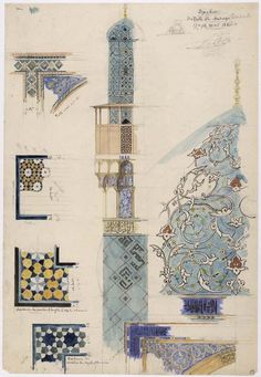 an architectural drawing with blue and yellow designs on the outside, including a tall tower