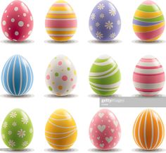 an assortment of different colored easter eggs on a white background