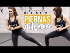 two women in black sports bra tops and leggings doing squat exercises with the words rutina de piernas intensa