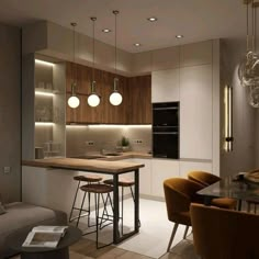 a modern kitchen and living room are shown in this image, while the dining table is surrounded by yellow chairs