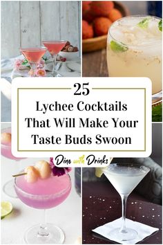 Collage of 4 lychee cocktails. Lychee Lavender Cocktail, Lychee Drinks Cocktails, Lychee Juice Recipe, Lychee Syrup Cocktails, Lychee Soju Cocktail, Lychee Alcohol Drinks, Lychee Gin Cocktail, Lychee Vodka Cocktail, Lychee Tequila Cocktail