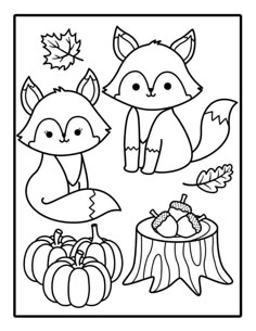 a coloring page with an image of a fox, pumpkins and leaves on it