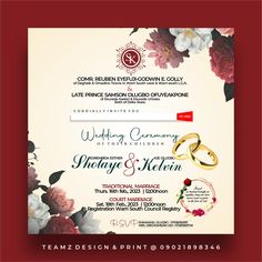 a wedding card with two rings and flowers on the front, in white and red