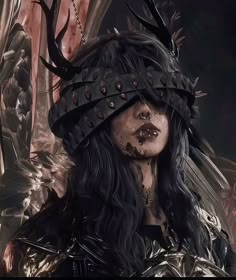 a woman with black hair and horns on her head