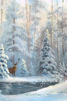 a painting of a deer standing in the snow next to a river and pine trees