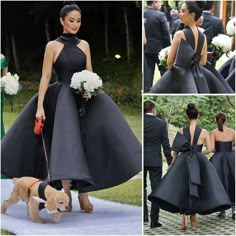 a woman in a black dress walking a dog