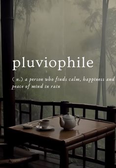 a table with a tea pot and cup on it in front of a window that reads pluviophile