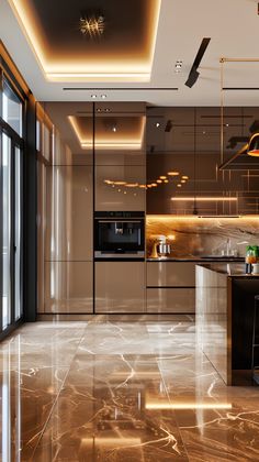 a modern kitchen with marble floors and gold lighting on the ceiling is pictured in this image