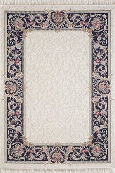 a white and blue rug with an ornate border